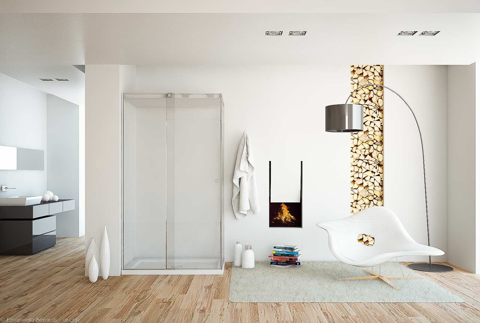 A bathroom with a fireplace