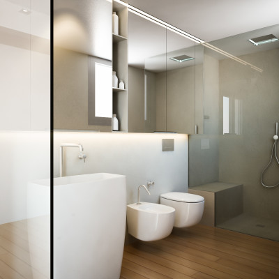 Modellazione e realizzazione di render d'interni per progetto di interior design per una villa a Santarcangelo di Romagna. Vista prospettica di un bagno a servizio della zona notte.